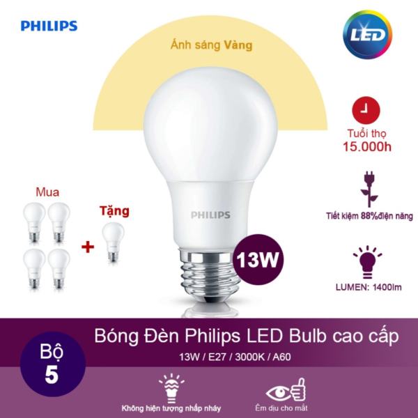 (Mua 4 tặng 1) Bóng đèn Philips LEDBulb 13W 3000K đuôi E27 230V A60 - Ánh sáng vàng