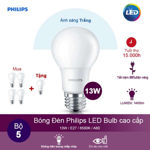 (Mua 4 tặng 1) Bóng đèn Philips LEDBulb 13W 6500K đuôi E27 230V A60 - Ánh sáng trắng