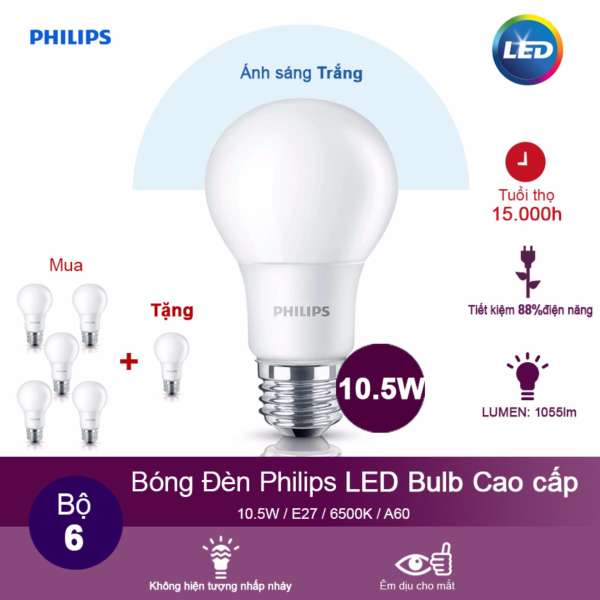 (Mua 5 tặng 1) Bóng đèn Philips LEDBulb 10.5W 6500K đuôi E27 230V A60 - Ánh sáng trắng