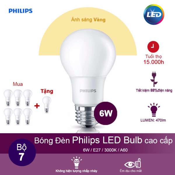 (Mua 6 tặng 1) Bóng đèn Philips LEDBulb 6W 3000K đuôi E27 230V A60 - Ánh sáng vàng