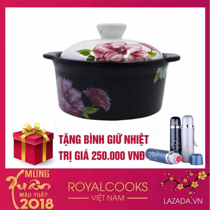 Nồi gốm sứ xuất khẩu Royalcooks 1.3L ( nắp trắng hoa)