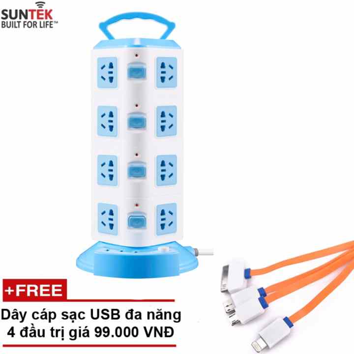 Ổ cắm điện SUNTEK đa năng 4 tầng 16 chân cắm điện, 3 cổng USB + Tặng cáp sạc đa năng