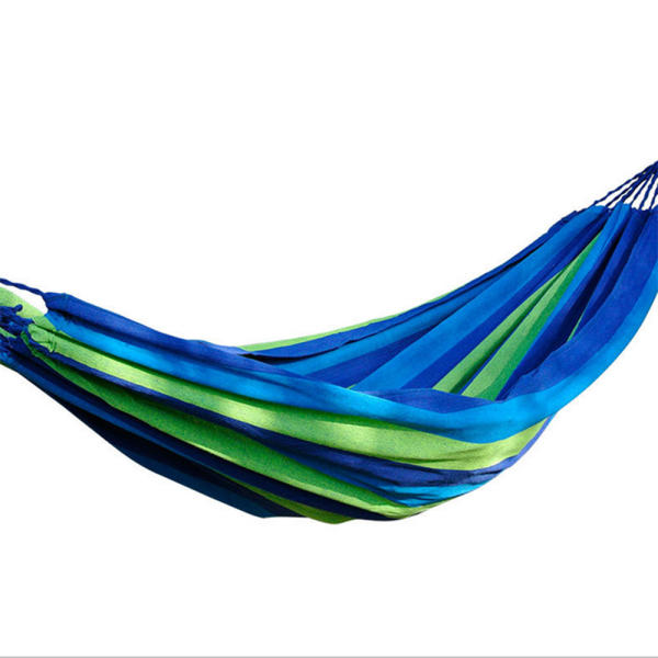 Portable Outdoor Leisure 120kg Load Single Person Canvas Stripe Hammocks Camping Hammock with Storage Bag Blue