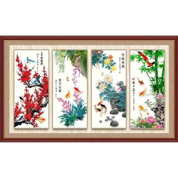 Tranh dán tường 3D phong thủy Mai Lan Cúc Trúc (Tứ Quý) LunaTM-0366 KT 100 x 60 cm