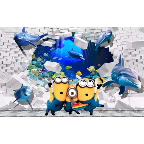 Tranh dán tường 3D VTC trang trí phòng trẻ em Minion và cá heo LunaTE-0083 KT 190 x 120 cm