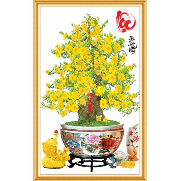 Tranh dán tường phong thủy VTC bonsai hoa mai chữ Lộc LunaTM-0168 KT 50 x 80 cm