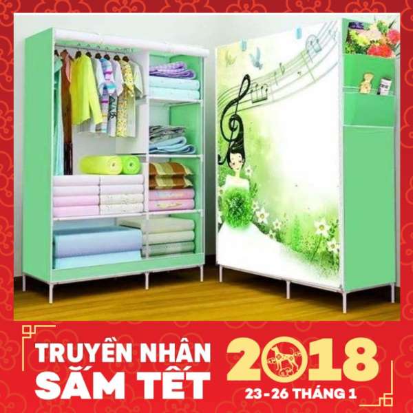 Tủ vải quần áo 2 buồng 6 ngăn họa tiết 3D (Xanh lá)