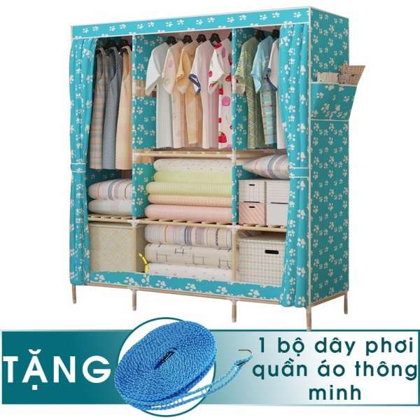 Tủ vải quần áo khung gỗ 3 buồng 8 ngăn tặng kèm 1 dây phơi quần áo thông minh