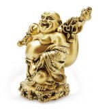 Tượng đá phong thủy Di Lặc gánh bao đại màu vàng đồng 23x29cm, trưng bày làm quà tặng siêu bền và đẹp, may mắn tài lộc