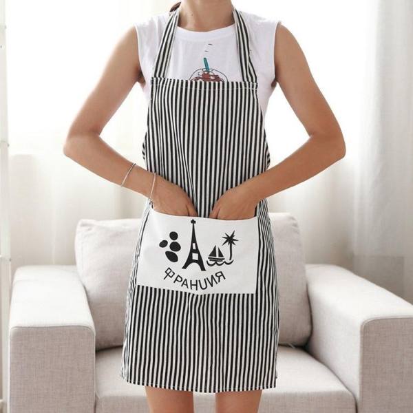 UINN Fashion Stripe Linen Apron With Pockets Thick Anti-oil Household Kitchen Apron white & black Iron tower - intl