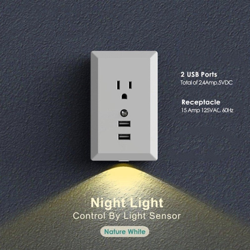 UINN Đèn Ngủ Ổ điện Cảm Biến Chuyển Động Dual USB Đĩa Treo Tường 2.4A MỸ Cắm ấm trắng-quốc tế