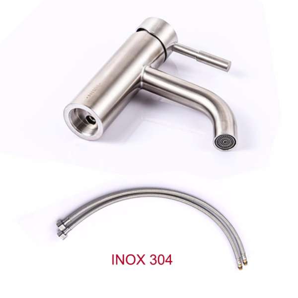 Vòi nước nóng lạnh cho chậu rửa mặt VRNL-I304B2 tròn bằng Inox 304 kèm dây nối mềm vỏ inox 304 dài 50cm