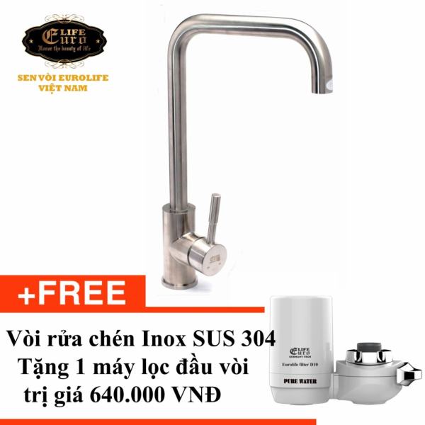 Vòi rửa chén nóng lạnh Inox SUS 304 Eurolife EL-T001 (Trắng bạc) - Tặng  Máy lọc trực tiếp đầu vòi Eurolife EL-LS-D10