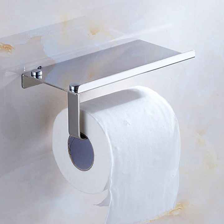 Wall Mounted 2 in 1 Stainless Steel Wall Toilet Roll Paper Holder Rack Tissue Roll Stand with Phone Holder Rack Shelf for Bathroom - intl
