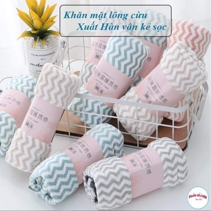 Set 5 Khăn Mặt Lông Cừu Xuất Hàn Vân Kẻ Sọc
