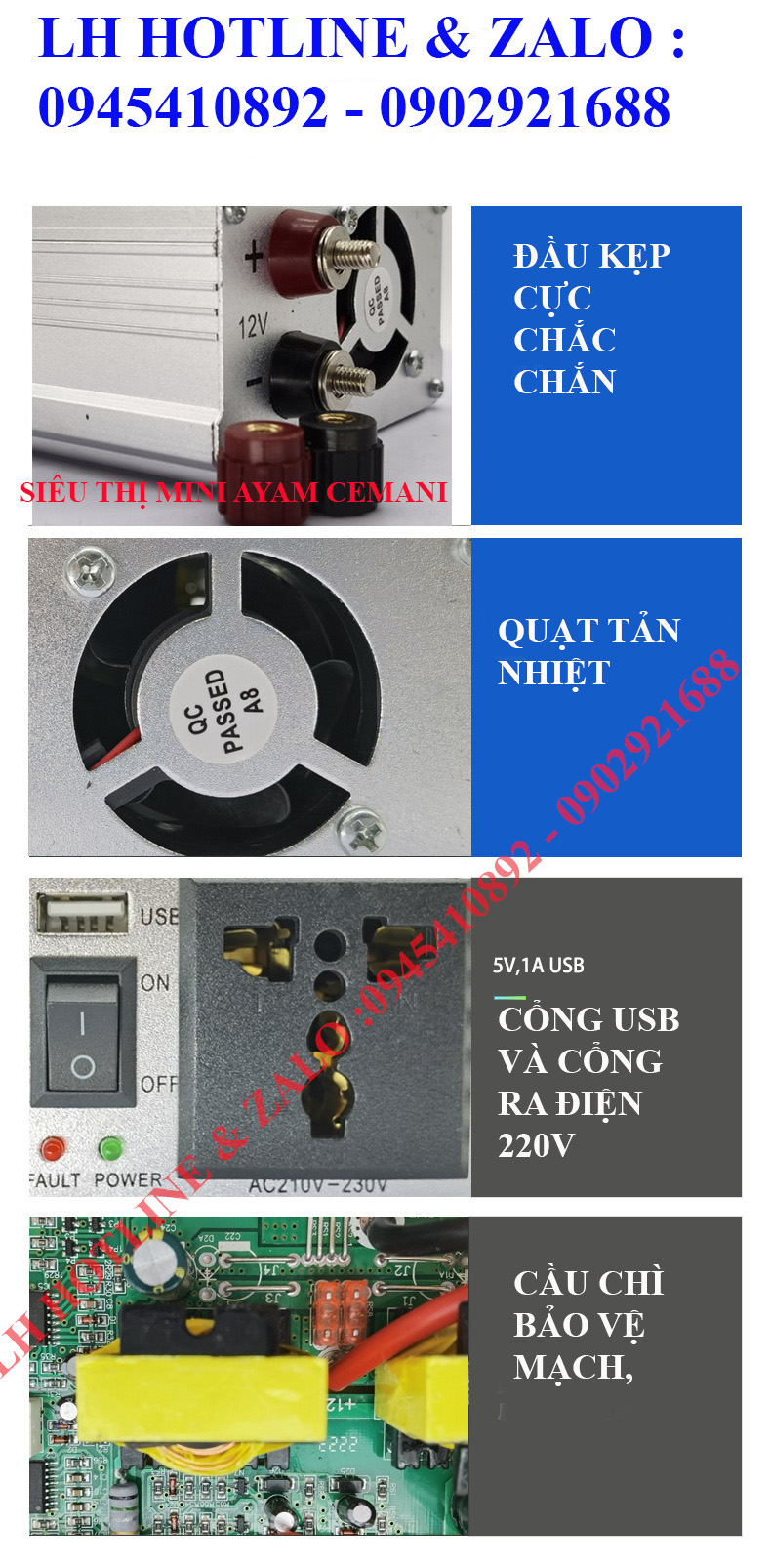 Bộ kích điện 12v lên 220V 1500W