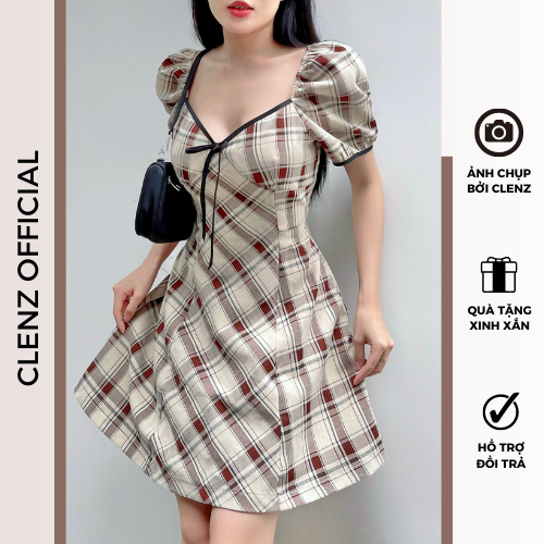 [ Clenz - Váy thiết kế cao cấp ] Đầm caro tay bồng dạo phố D10