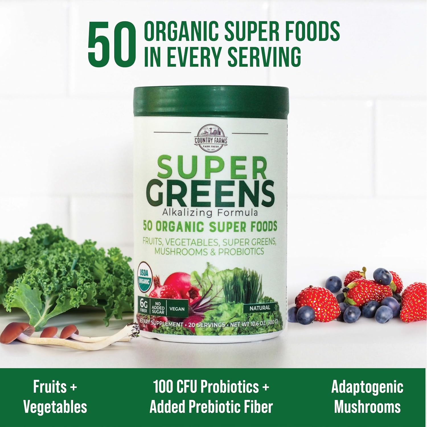 Country Farms Super Greens Flavor, 50 Organic Super Foods, USDA Organic Drink Mix, 20 Servings