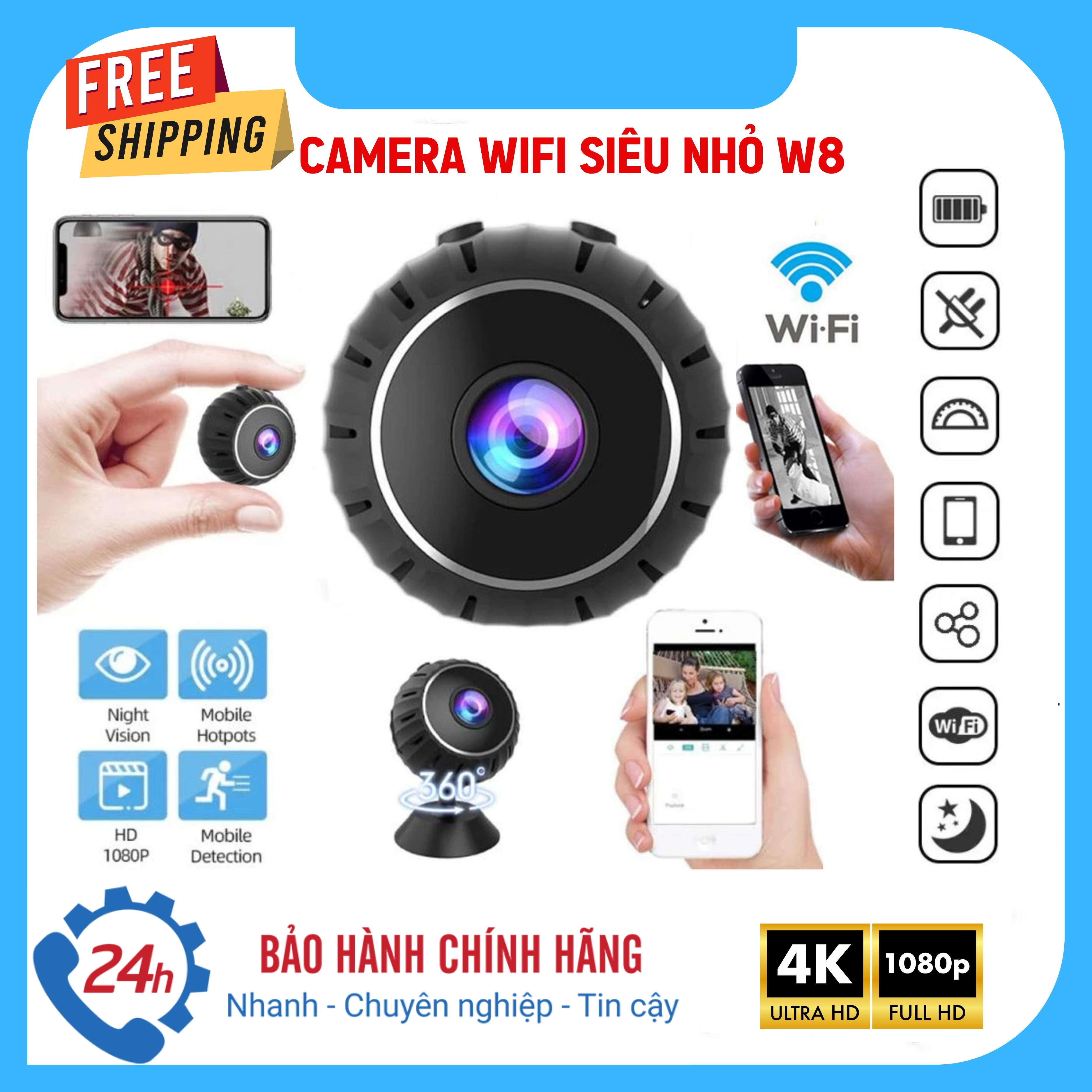 Camera Mini Giấu Kín Kết Nối Điện Thoại, Camera Mini Wifi Siêu Nhỏ W8 FullHD Giám Sát, Camera Hồng Ngoại Quay Ban Đêm, Siêu Nhỏ Không Dây, Cảm Biến Chuyển Động