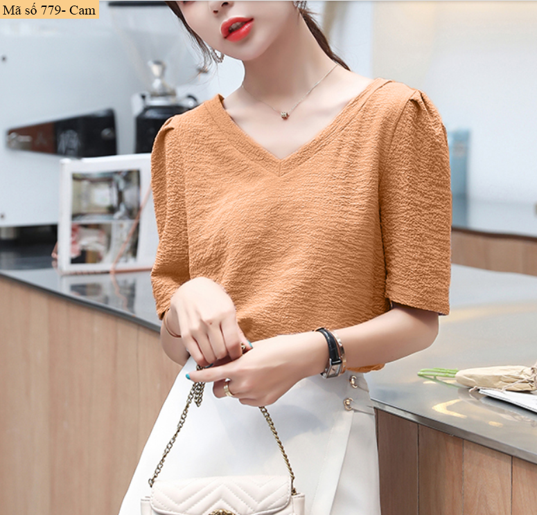 [HCM]B779-áo vải dập nổi cổ V