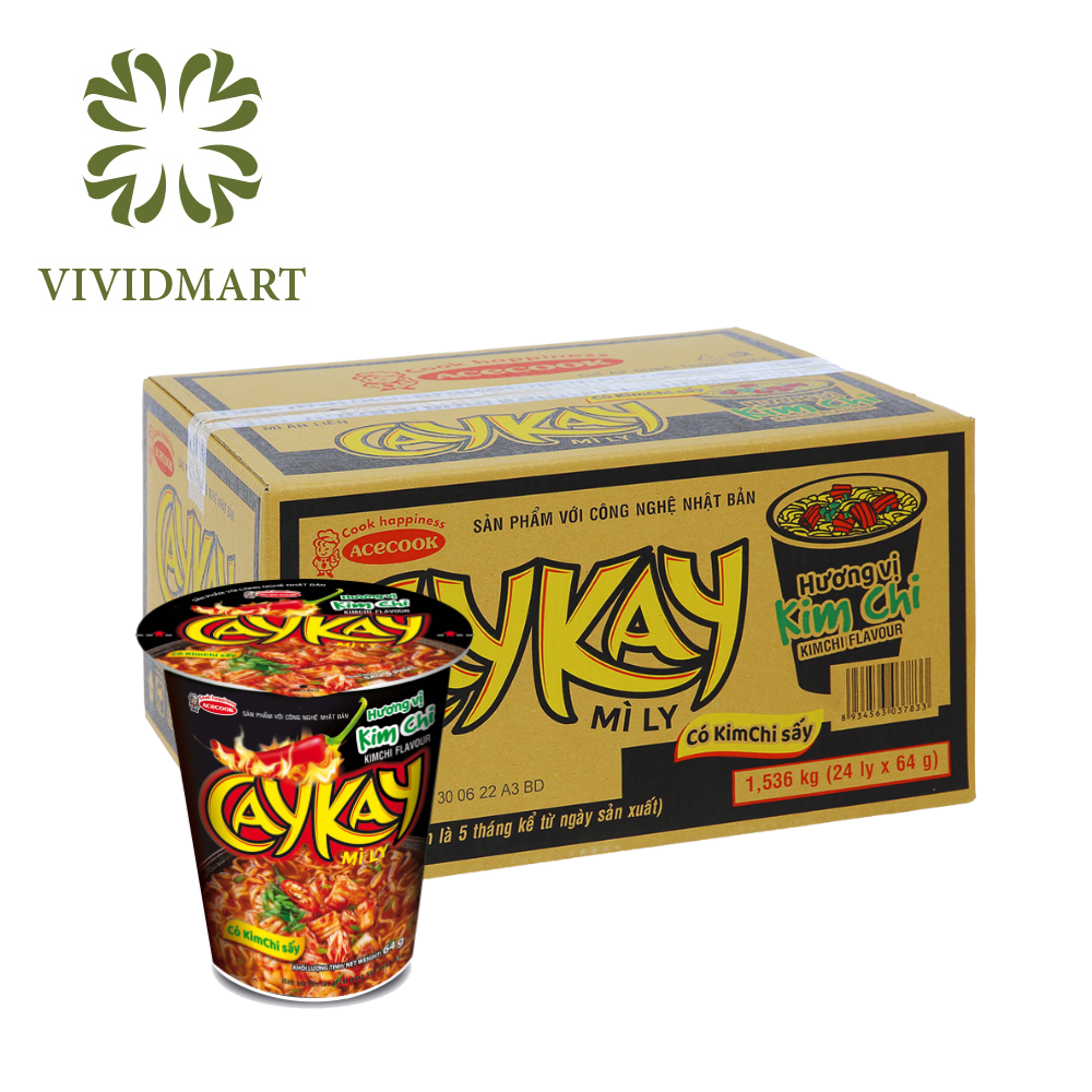 [1 box of 24 Cups/ 1 flavor ] - ACECOOK - CAYKAY  INSTANT NOODLE CUP 2 FLAVORS: BEEF FLAVOUR AND KIMCHI FLAVOUR (64G - 66G/CUP)