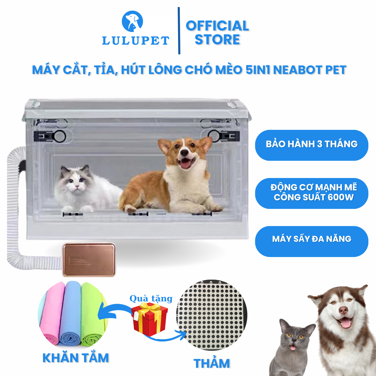 Combo hộp máy sấy lông thú cưng, lồng sấy lông chó mèo tiện lợi lulupet