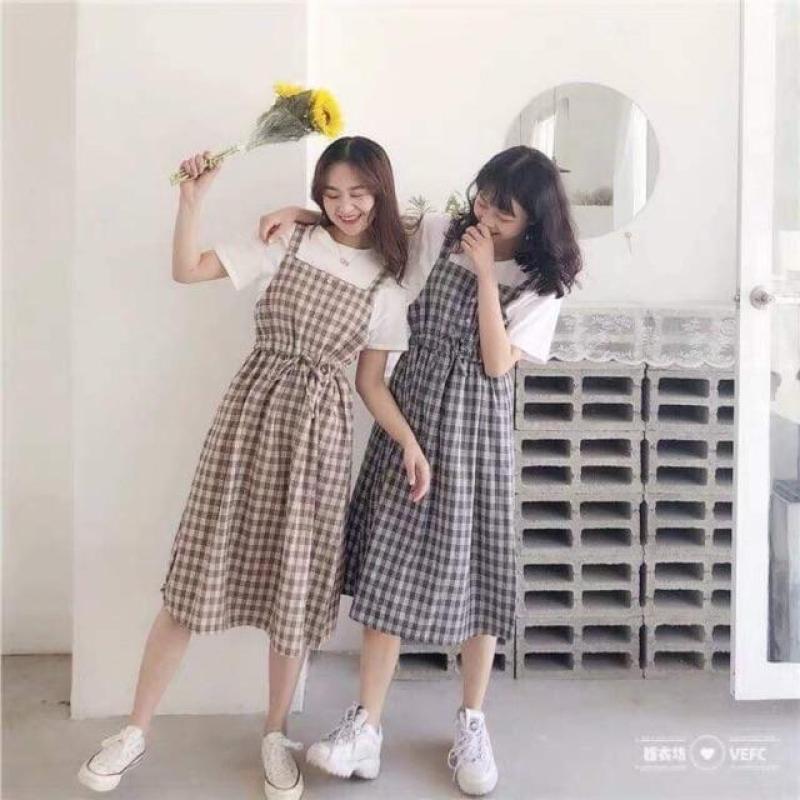 Váy yếm mùa hè cho nữ hoạ tiết kẻ caro chết cotton cực mát có thể mặc đôi mặc nhóm cực xinh