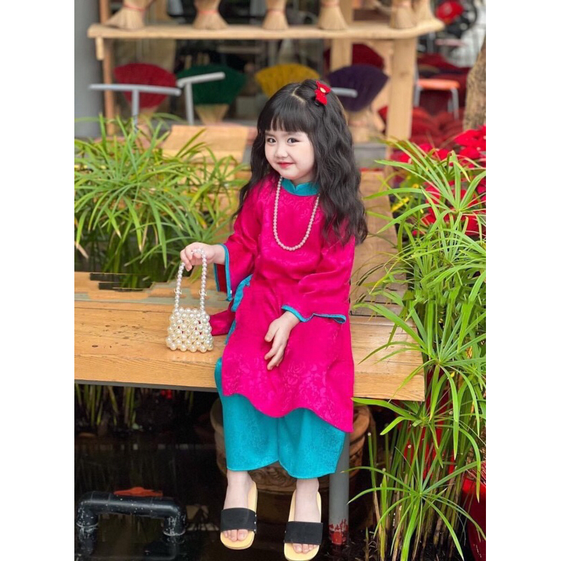 Áo dài gấm cho mẹ và bé - Xanh hồng