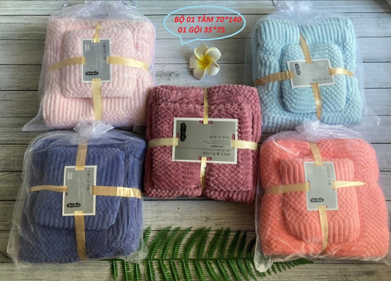 Bộ gồm 2 khăn tắm, khăn quấn cái 50*100 và cái 70*140