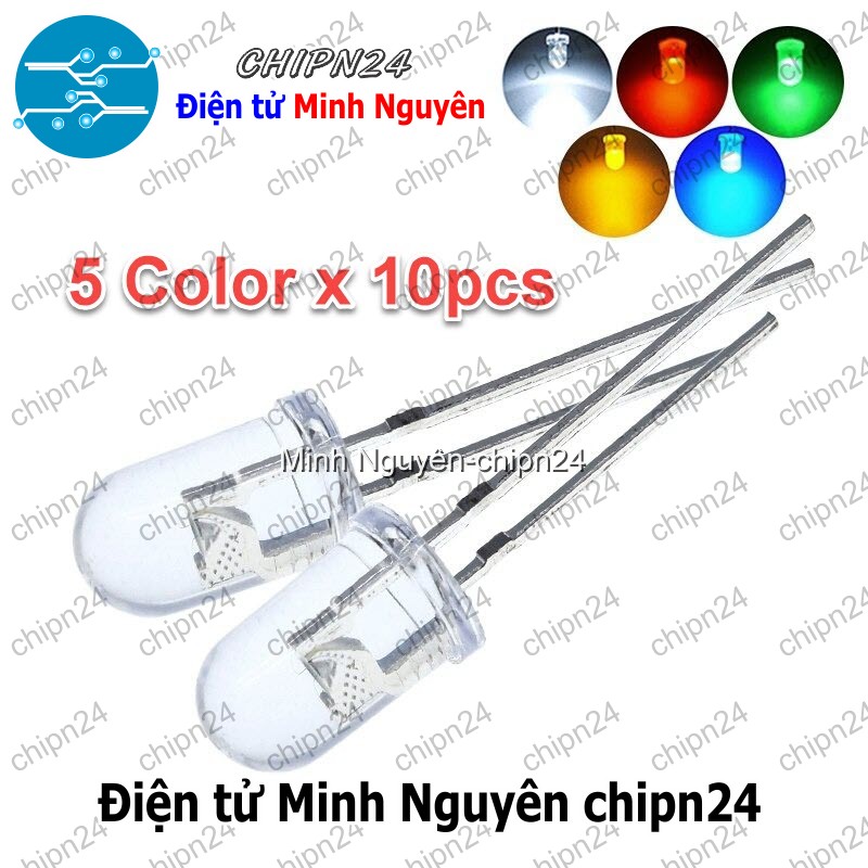 [1 bộ] Combo Led 5mm siêu sáng (5 màu, mỗi màu 10 bóng) - HH000873