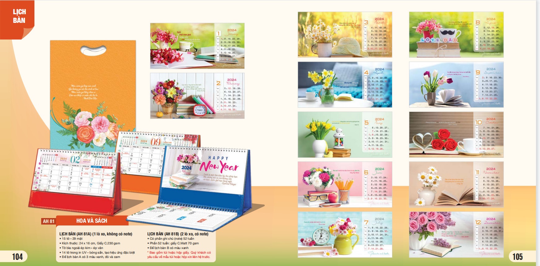 Combo 5 cuốn lịch bàn 2024 - MS AH-81 - AH-90 (mẫu ngẫu nhiên)
