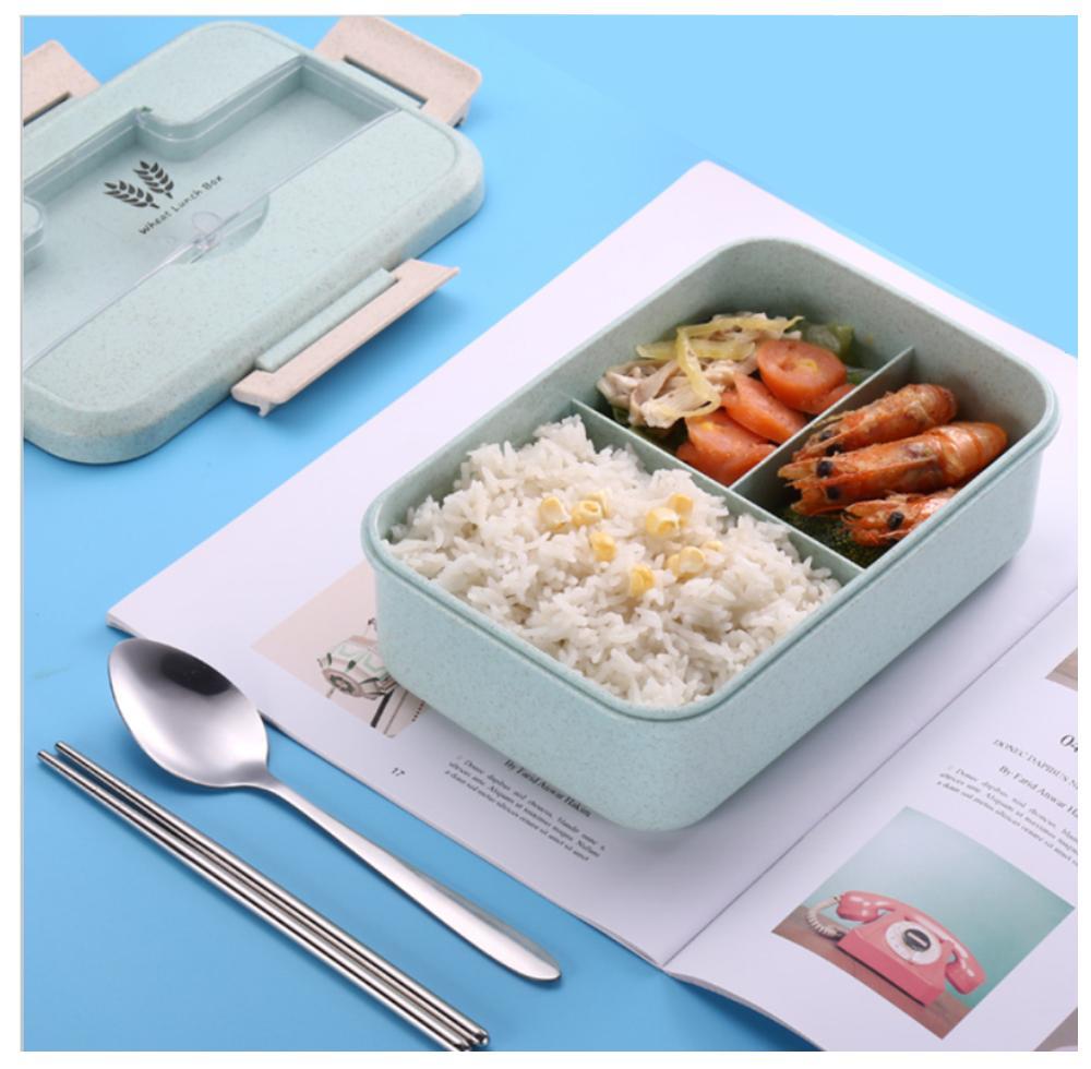 Hộp Cơm Văn Phòng Lúa Mạch 3 Ngăn, Kèm Đũa Muỗng Inox
