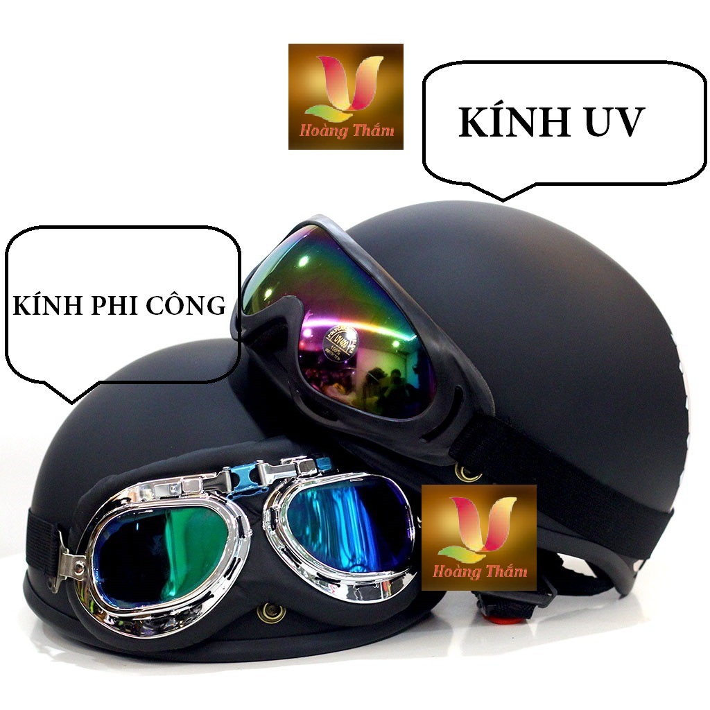 Mũ Bảo Hiểm Nửa Đâu Đen Trơn kèm Kính 7 Màu- Được Chọn Kính