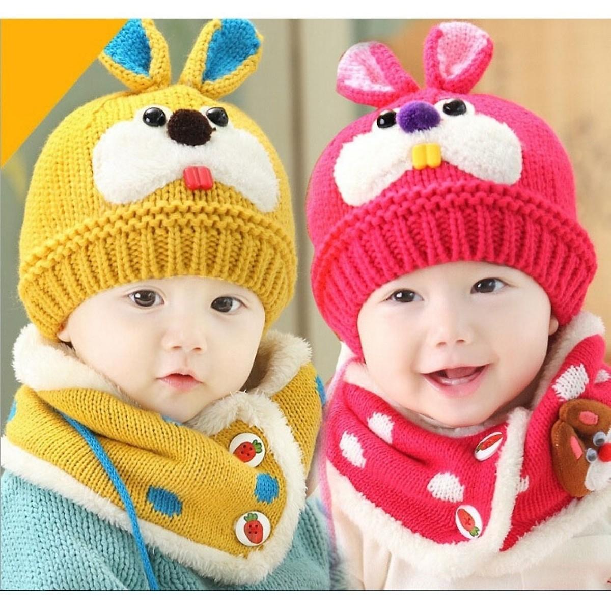 Bộ mũ khăn len lót lông răng thỏ