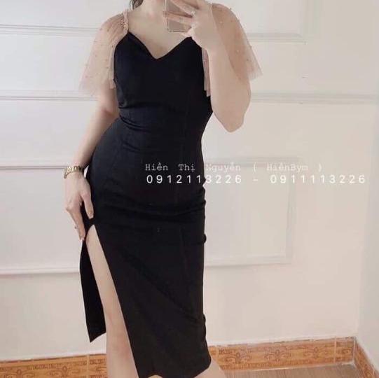 đầm body xẻ đùi tay phối lưới kết ngọc