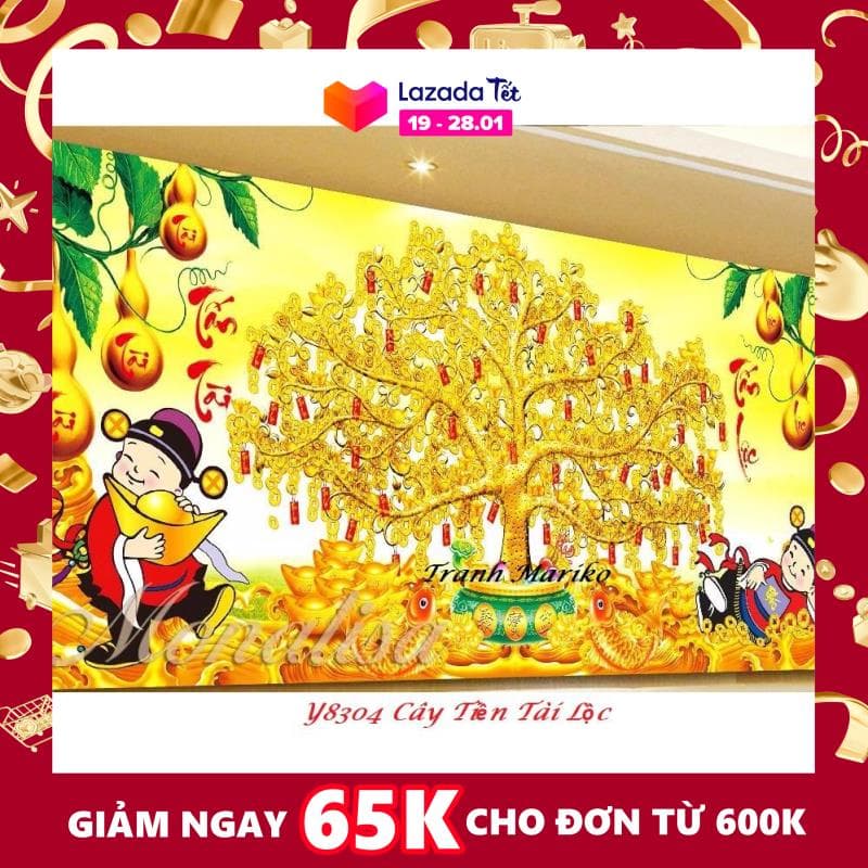 Tranh đính đá Cây Tiền Tấn Tài Tấn Lộc Y8304 Kích thước 130*60cm  Tranh Mariko - cam kết bán hàng đúng mẫu mã sản phẩm, đảm bảo chất lượng