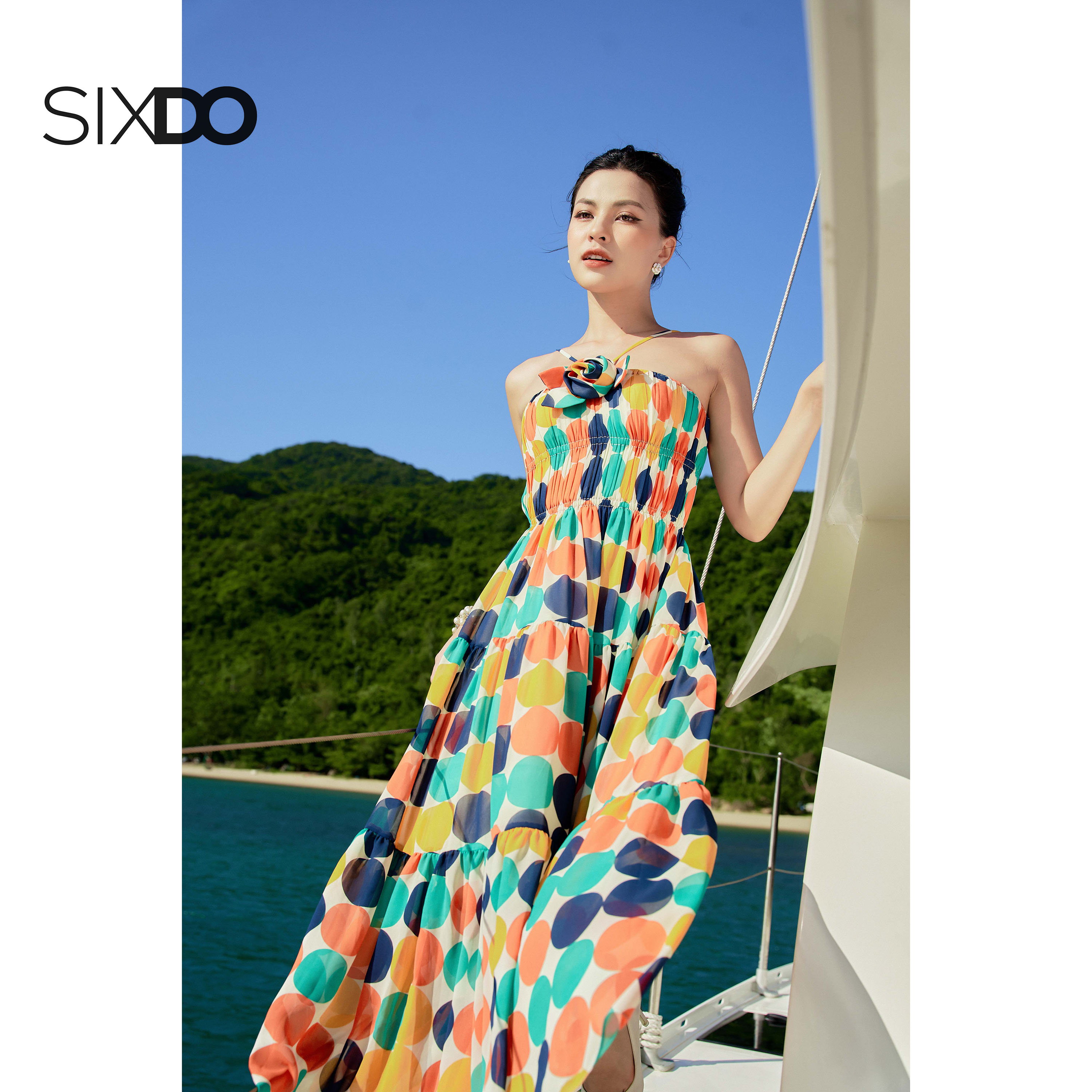 Đầm chiffon cúp ngực chấm bi SIXDO (Cream Polka Dots Midi Chiffon Dress)