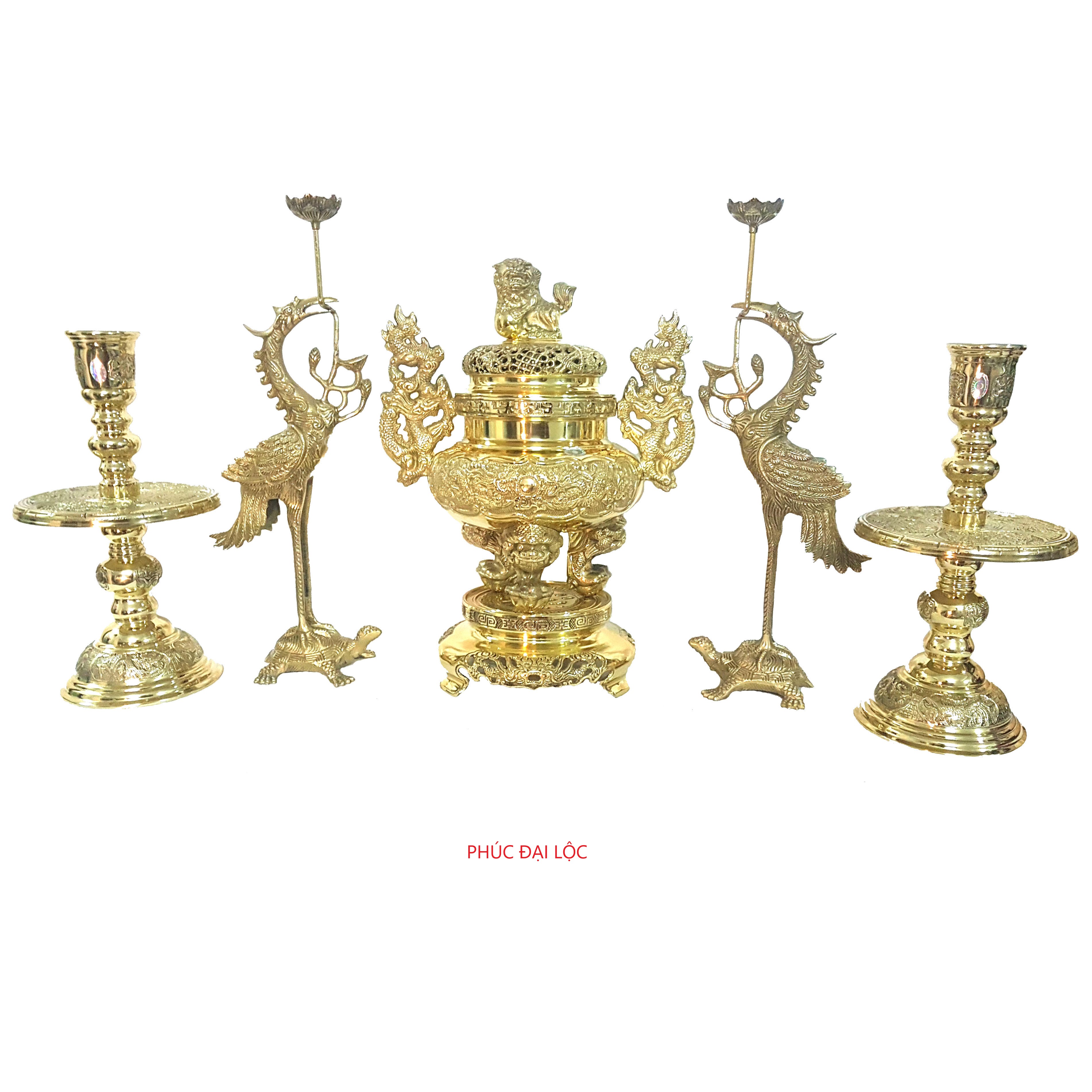 Đồ thờ Tam sự/Ngũ sự Đức Thúy số 2 bằng đồng đỉnh tròn cao 40 cm màu vàng bóng