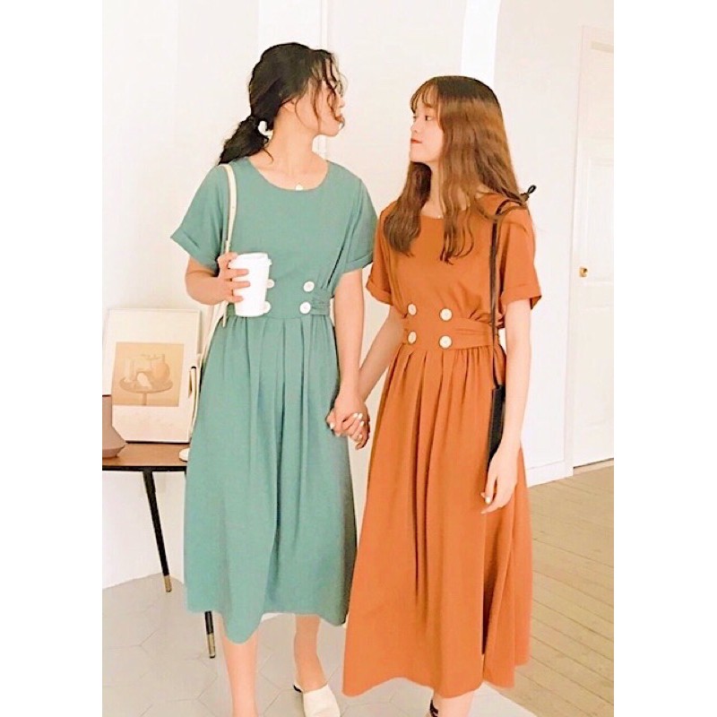 Đầm 4 nút trắng thắt eo (kèm hình thật)