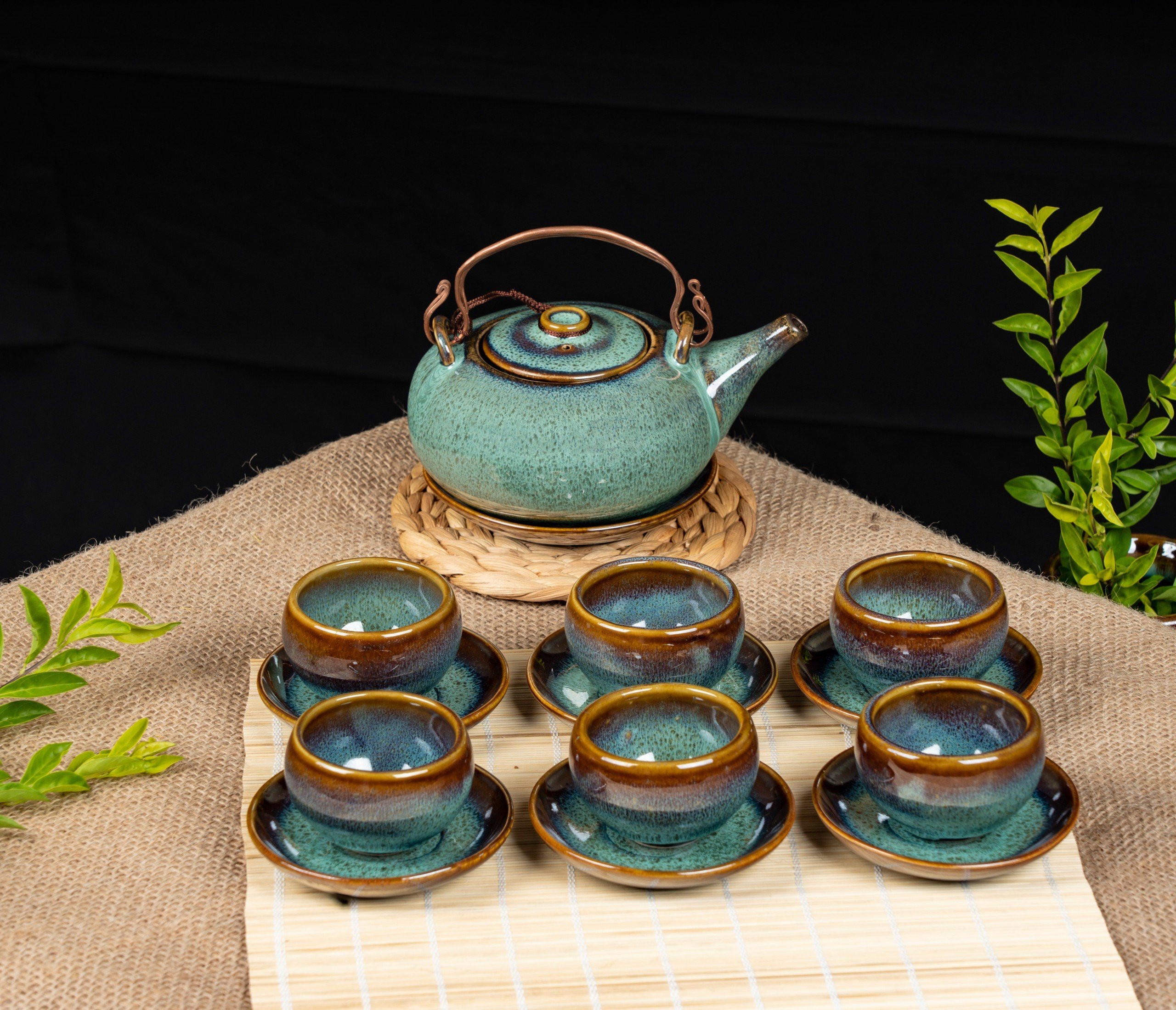 Bộ ấm chén hoả biến xanh rêu gốm sứ bát tràng, bộ ấm trà đẹp cao cấp