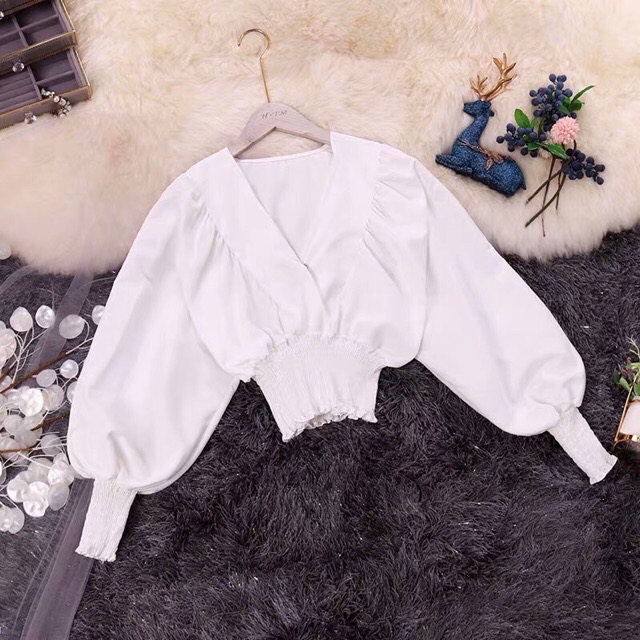 Áo kiểu croptop🍁Áo nhúm eo tay dài ống bo🍁