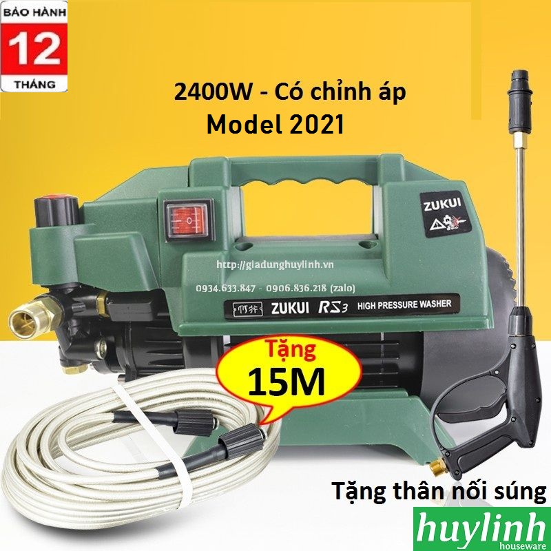 Máy xịt rửa xe Zukui RS3 - Thay thế S5 [Osaka ZJ] - 2400W - Có chỉnh áp lực - Dây 15 mét - Tặng thân nối dài