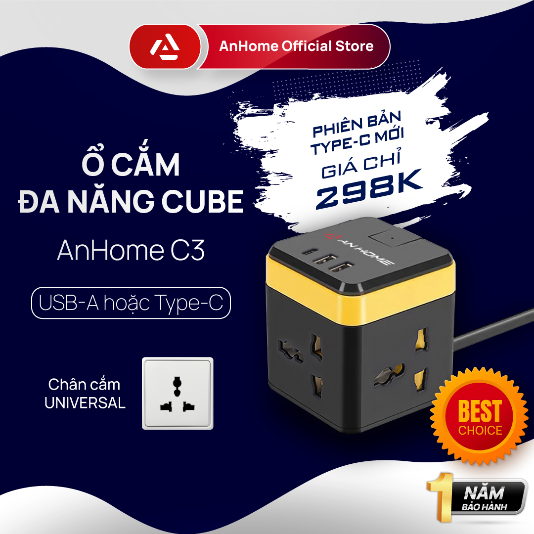 Ổ cắm điện đa năng AnHome Cube C3 có cổng sạc USB-A/TypeC, 2500W, thiết kế thông minh, chất liệu chống cháy lan