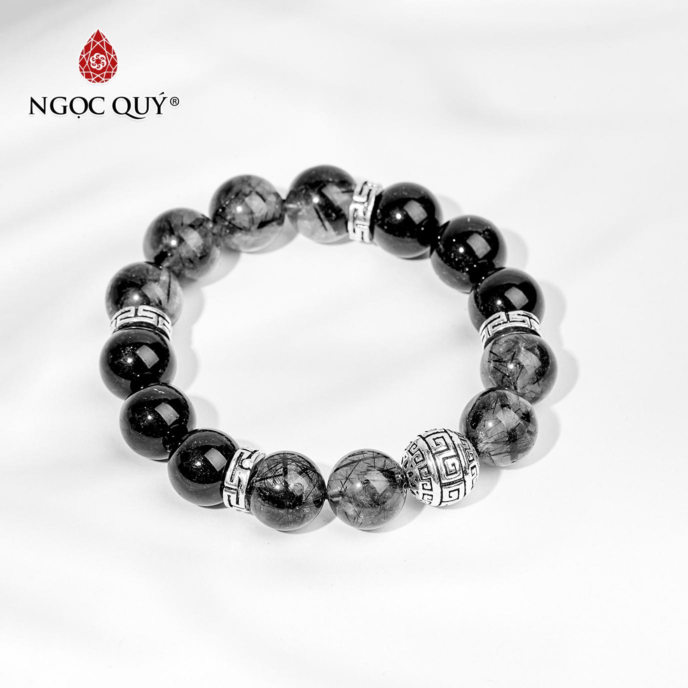 [HCM]Vòng tay đá thạch anh tóc đen charm cầu 14mm mệnh thủymộc - Ngọc Quý Gemstones