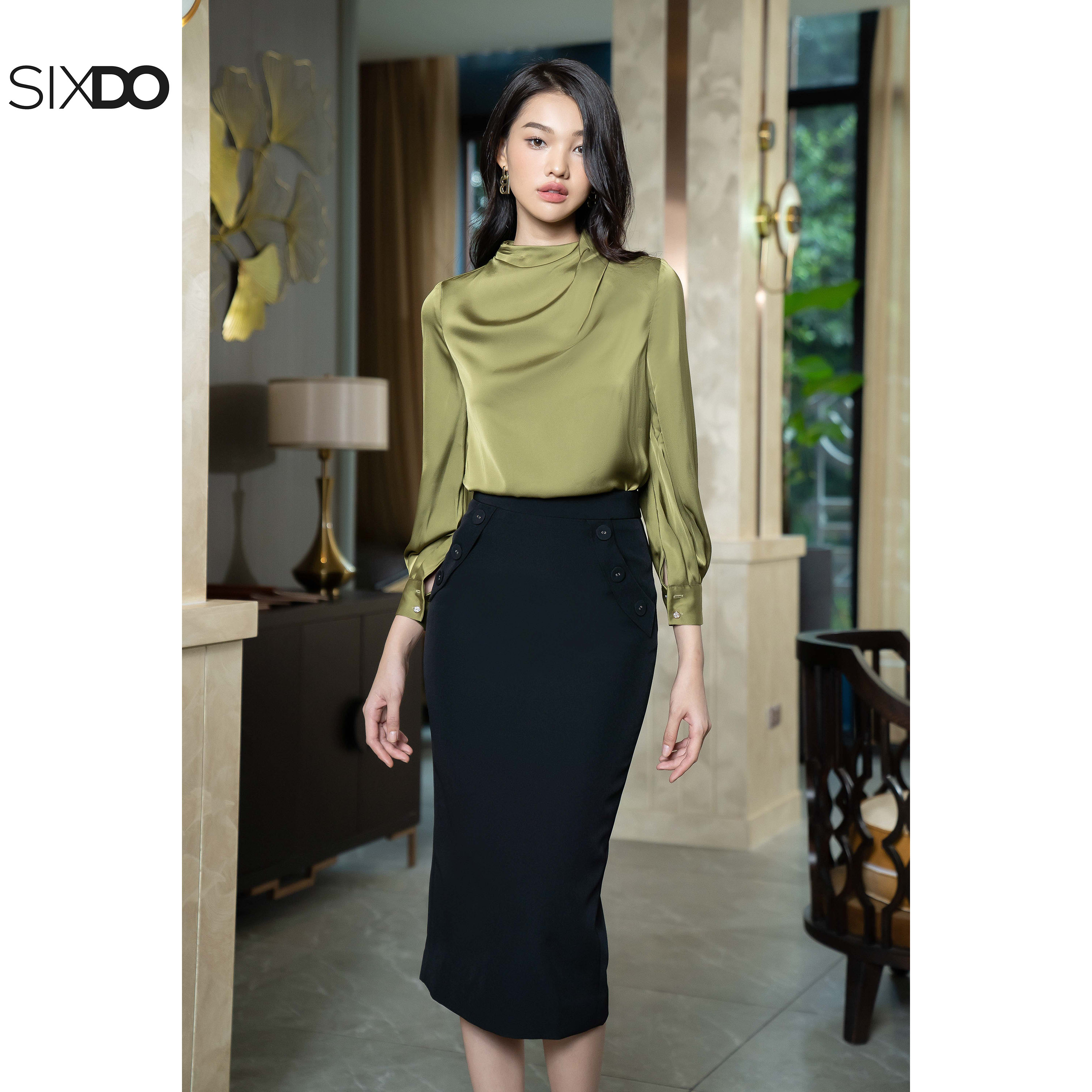 Chân váy tuýp xi đen phối cúc SIXDO (Black Midi Skirt With Buttons)
