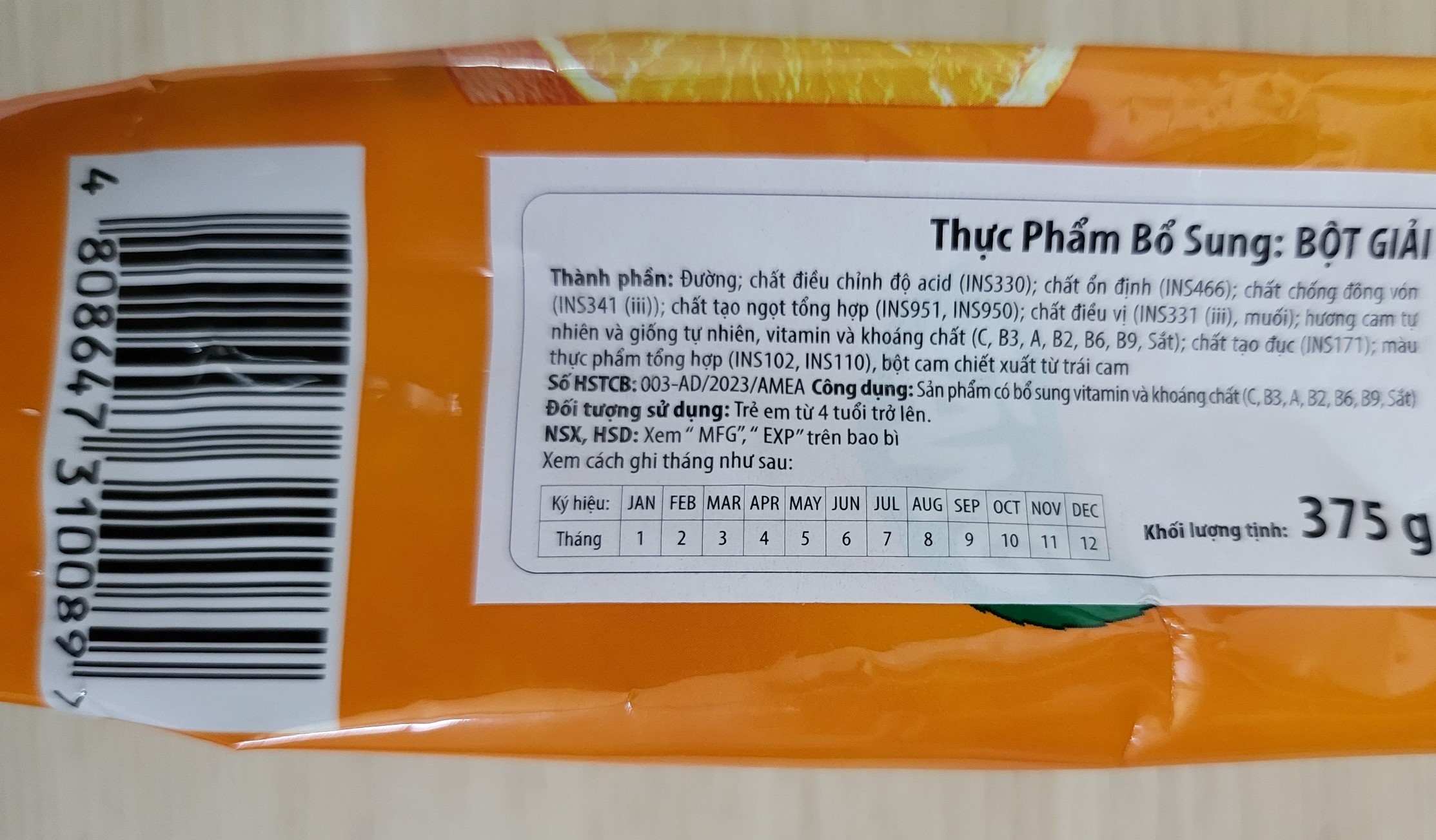 TANG (gói CAM 375g) BỘT CAM HÒA TAN Mondelez Orange Powder (HALAL)
