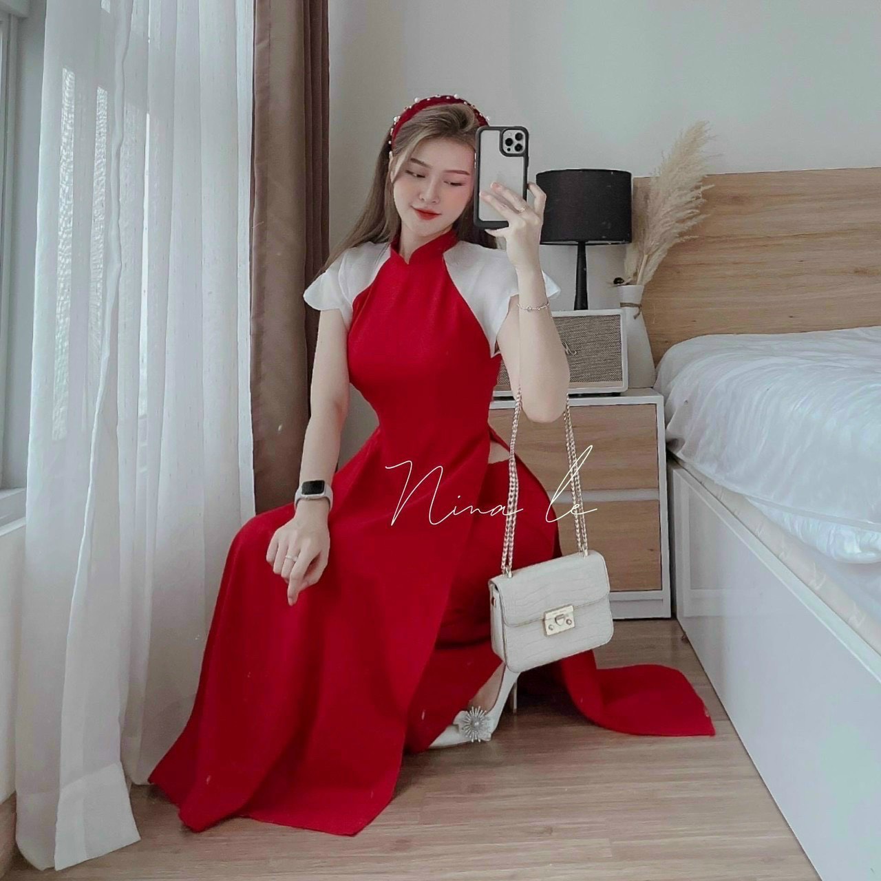 Set áo dài cách tân hiện đại xinh xắn, Set áo dài cổ trụ tay ngắn phối đi chúc tết, đi chơi sang xịn, Set mix quần dài suông ống rộng hack dáng, Áo dài đỏ cho nữ chất lụa cao cấp