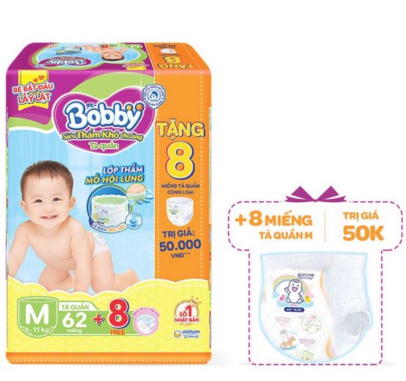 Bỉm quần Bobby siêu thấm khô thoáng M62+8 miếng (6-10kg)