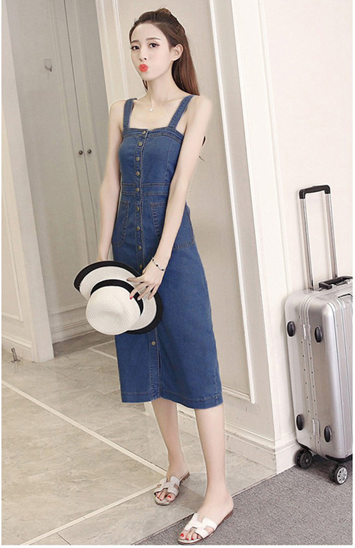 [HCM]Đầm Yếm Jean Nữ Form Dài Nút Cài Dọc