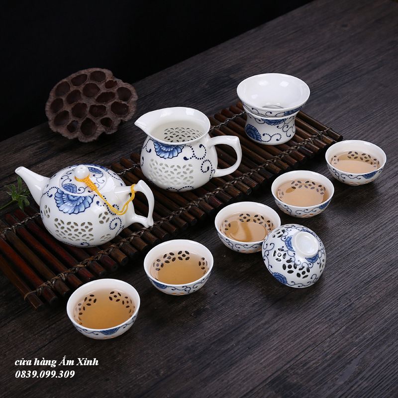 Bộ ấm chén sứ thủy tinh pha trà đạo